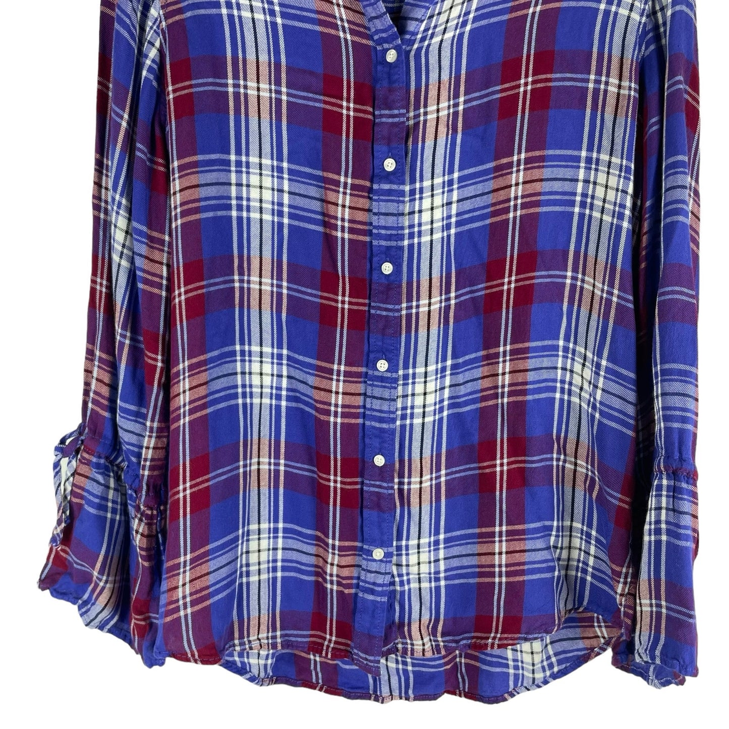 Express Tie Bell Sleeve Plaid Button Front Shirt Hi Low Hem Blue Size S