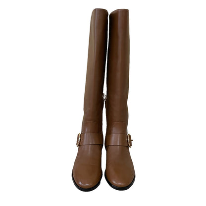 Tory Burch Sofia Tall Riding Boots Leather Logo Festive Brown Size 7
