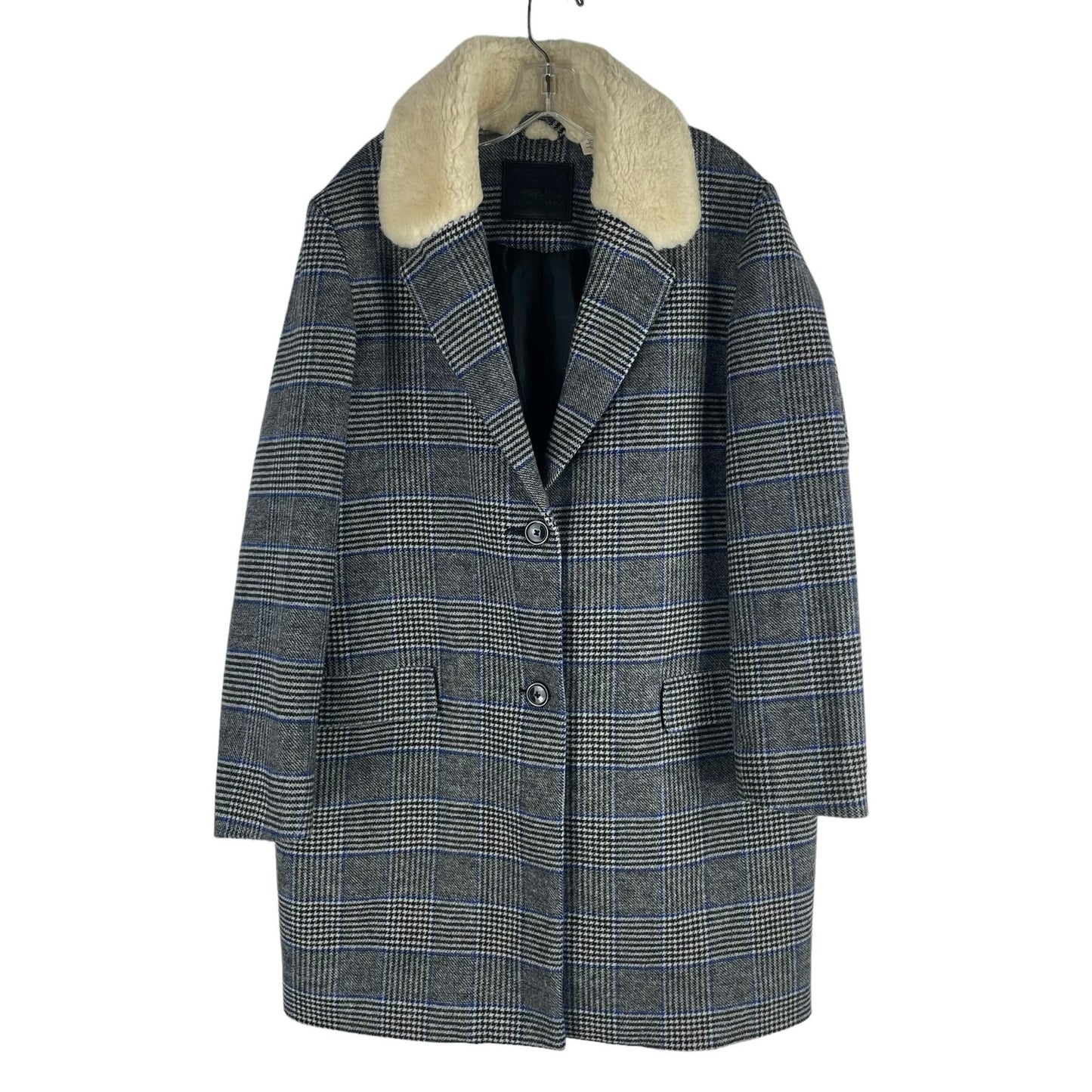 Levi's Amaya Wool Blend Houndstooth Plaid Coat Faux Fur Gray Blue Size L