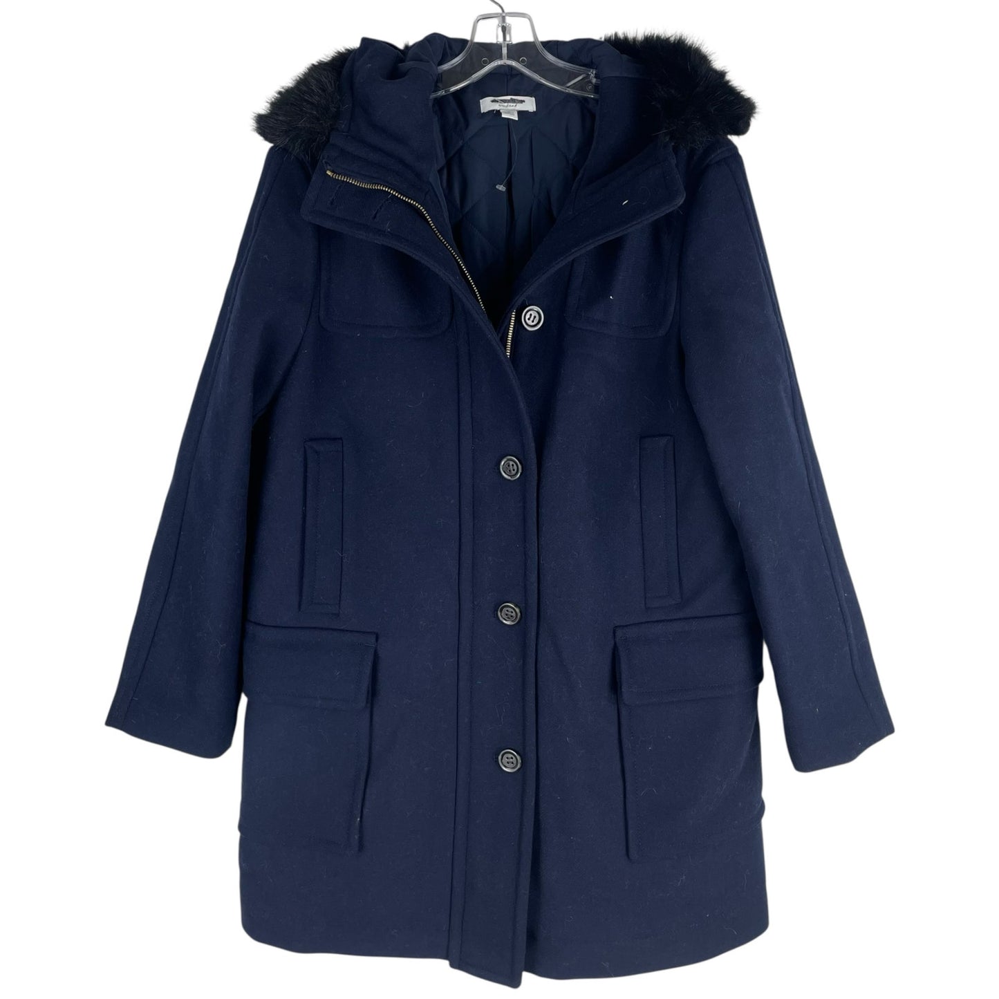 Ann Taylor Weekend Collection Faux Fur Trim Wool Duffle Coat Blue Size M