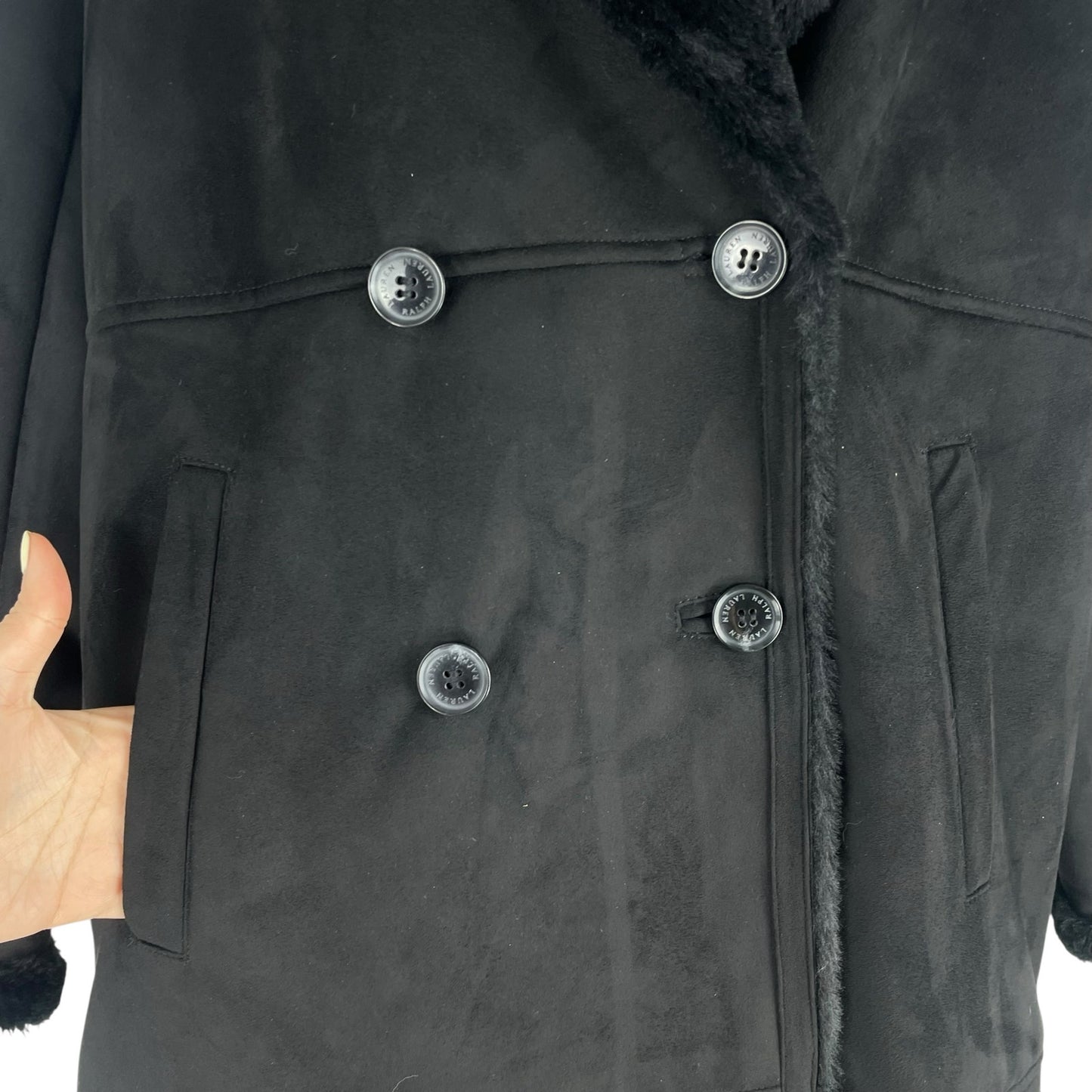 Lauren Ralph Lauren Double Breasted Faux Shearling Coat Black Size XL