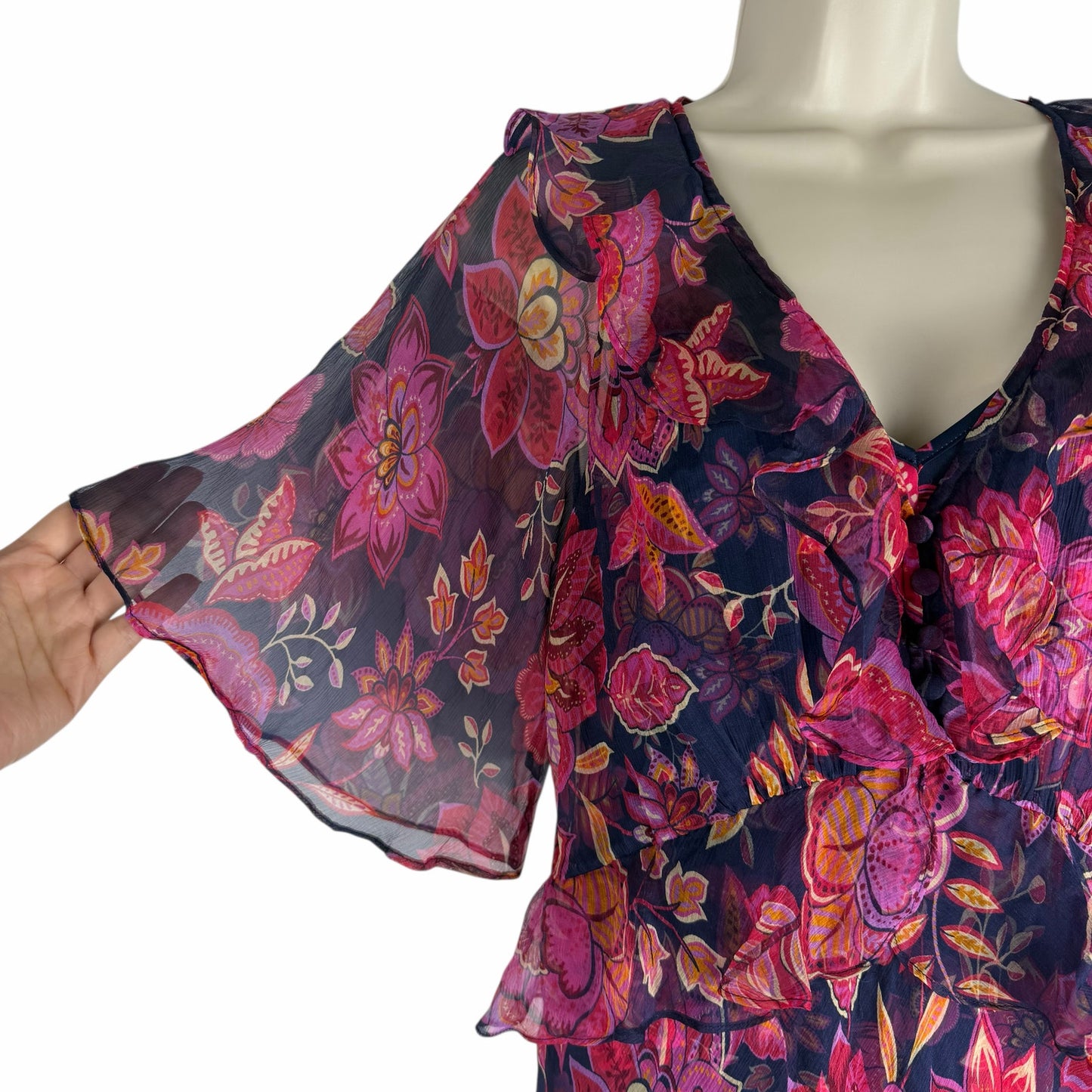 Johnny Was Jade Luxee Floral Silk Ruffle Maxi Dress Petria Pink Size XS