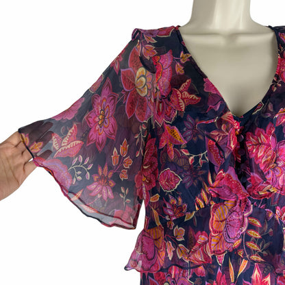 Johnny Was Jade Luxee Floral Silk Ruffle Maxi Dress Petria Pink Size XS