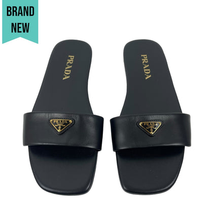 Prada Logo Enamel Plaque Flat Leather Slide Sandal Black Size 37.5