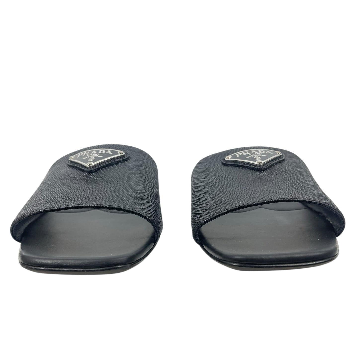 Prada Saffiano Triangle Logo Plaque Slide Flat Sandal Black Size 36.5