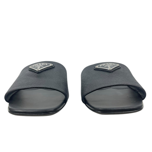 Prada Saffiano Triangle Logo Plaque Slide Flat Sandal Black Size 36.5