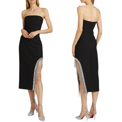 Cinq a Sept Strapless Rhinestone Fringed Sammy Midi Dress Black Size 6