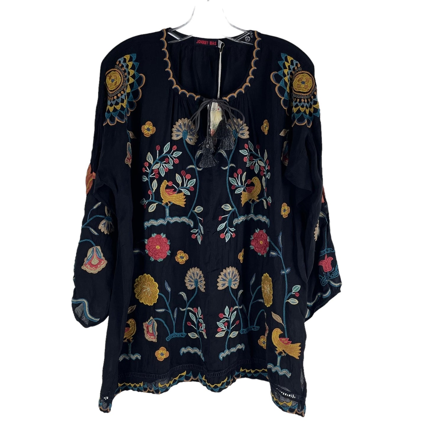 Johnny Was Mayson Floral Embroidered Tunic Top Black Size L