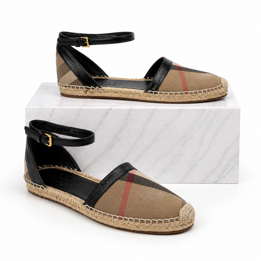 Burberry Abbington Nova Check Ankle Strap Espadrille Flats Black Size 41