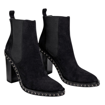Chanel Interlocking CC Logo Heel Chain Suede Ankle Boots Black Size 40