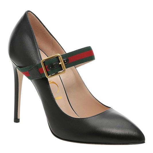 Gucci Malaga Kid Sylvie Mary Jane Web Pumps Black Leather Size 38.5