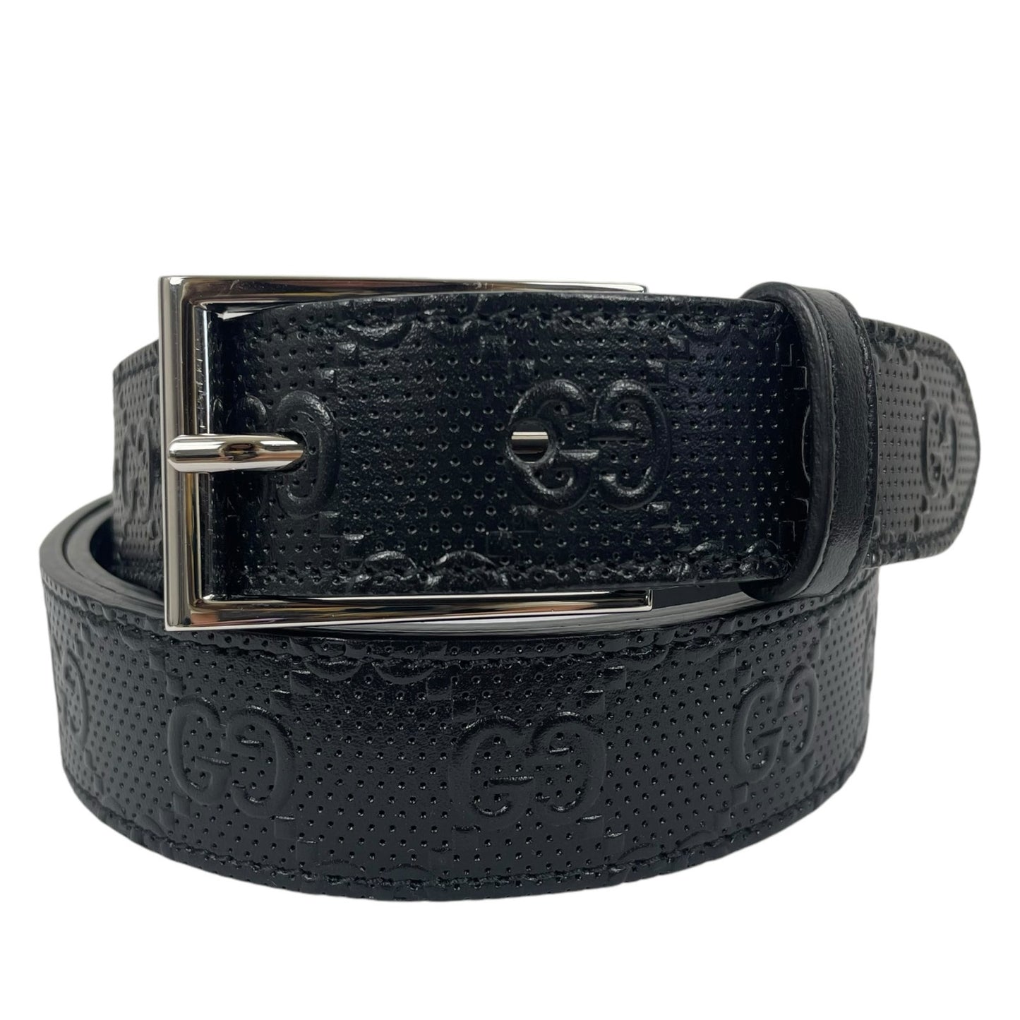 Gucci Black Perforated GG Logo Embossed Leather Belt Size 110/44