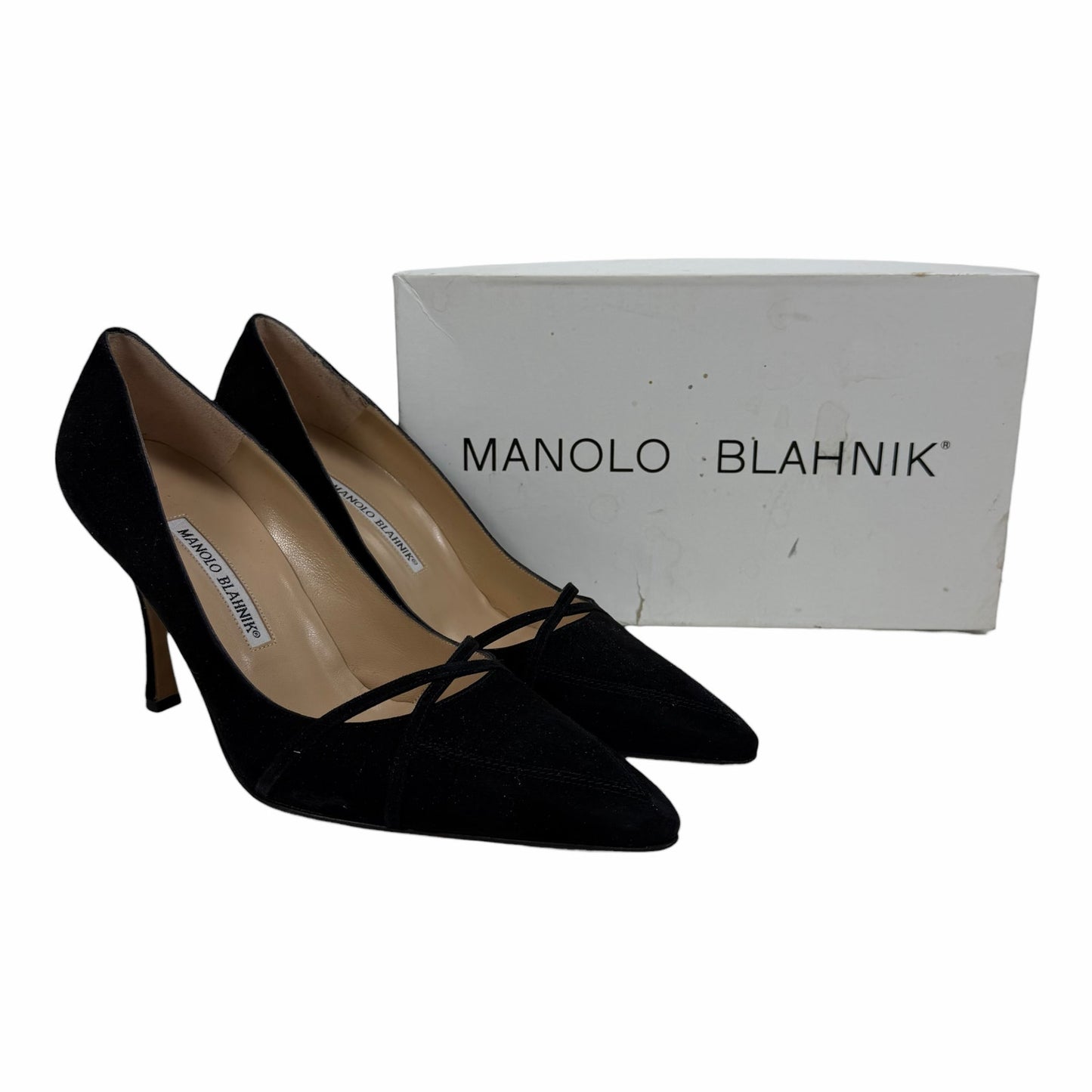Manolo Blahnik Criss Cross Pointed Toe Suede Pump Black Size 40