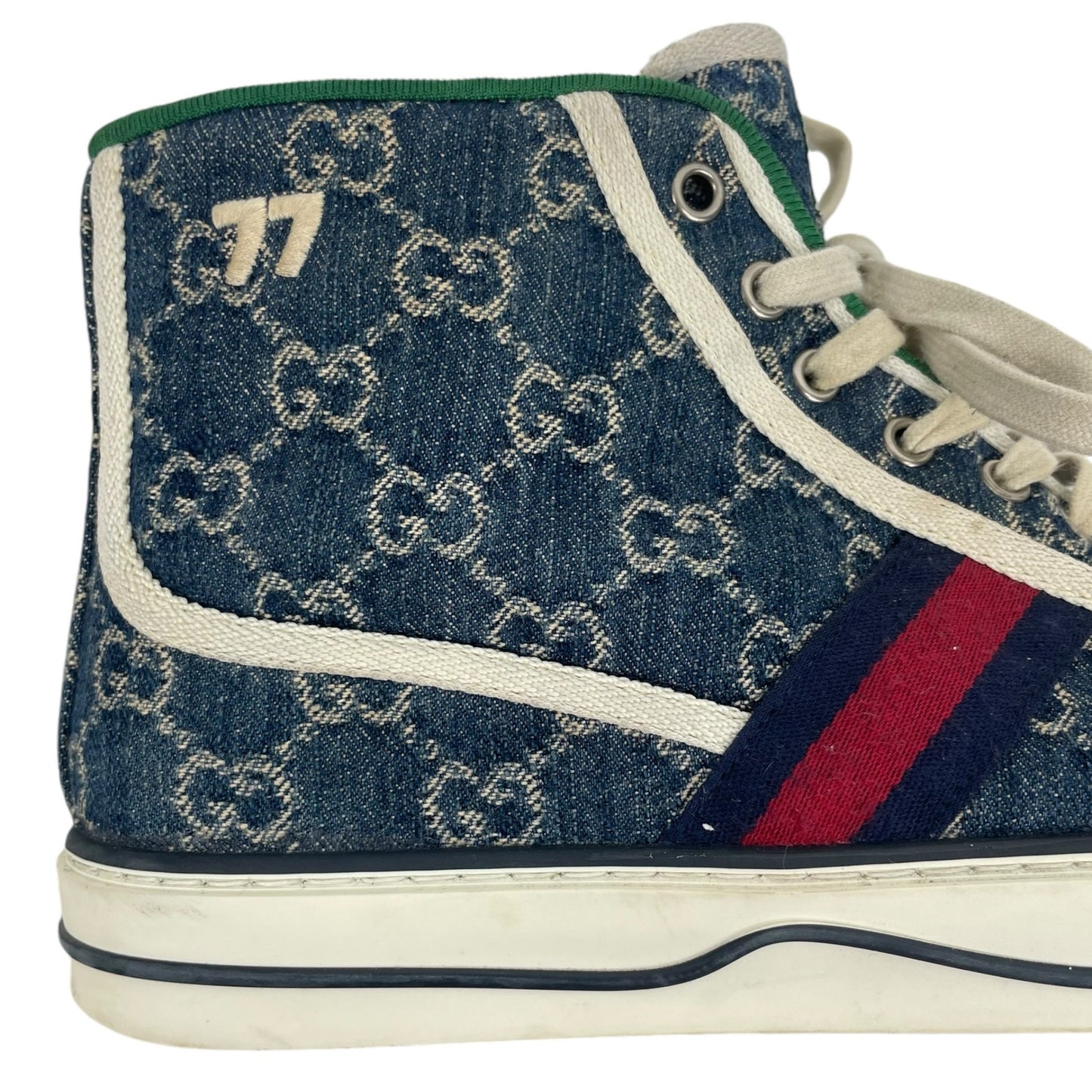 Gucci 1977 Tennis High Top Sneakers GG Monogram Denim Blue Size 8.5/ 9