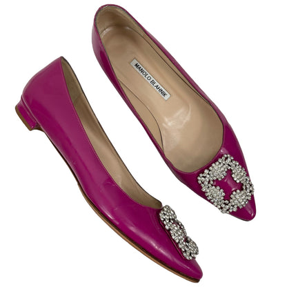 Manolo Blahnik Hangisi Pointed Toe Patent Leather Flats Pink Size 38