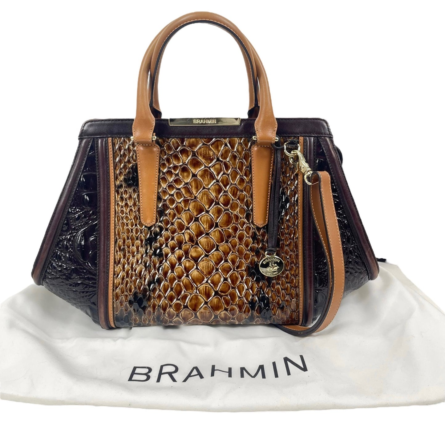 Brahmin Arden Satchel Bag Leather Croc Embossed Dark Brown