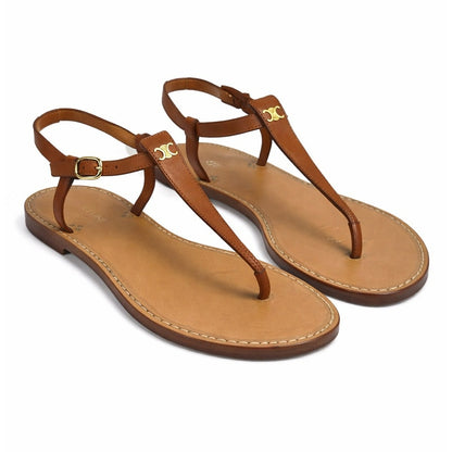 Celine Triomphe Thong Leather Flat Sandal Ankle Strap Brown Size 36