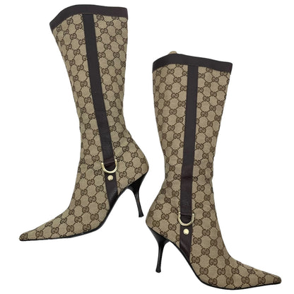 Gucci GG Monogram Pointed Toe Tall Boots Knee High Brown Size 7B