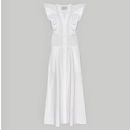 Brochu Walker The Aurora Ruffle Midi Dress Pockets Cotton White Size L