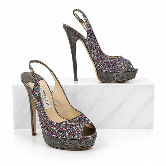 Jimmy Choo 145mm Platform Glitter Slingback Pumps Rainbow Size 39.5