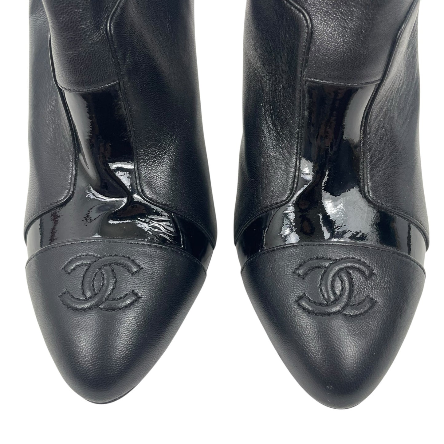 Chanel CC Logo Cap Toe Lamb Leather Heel Ankle Boots Black Size 38