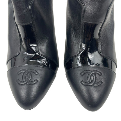 Chanel CC Logo Cap Toe Lamb Leather Heel Ankle Boots Black Size 38