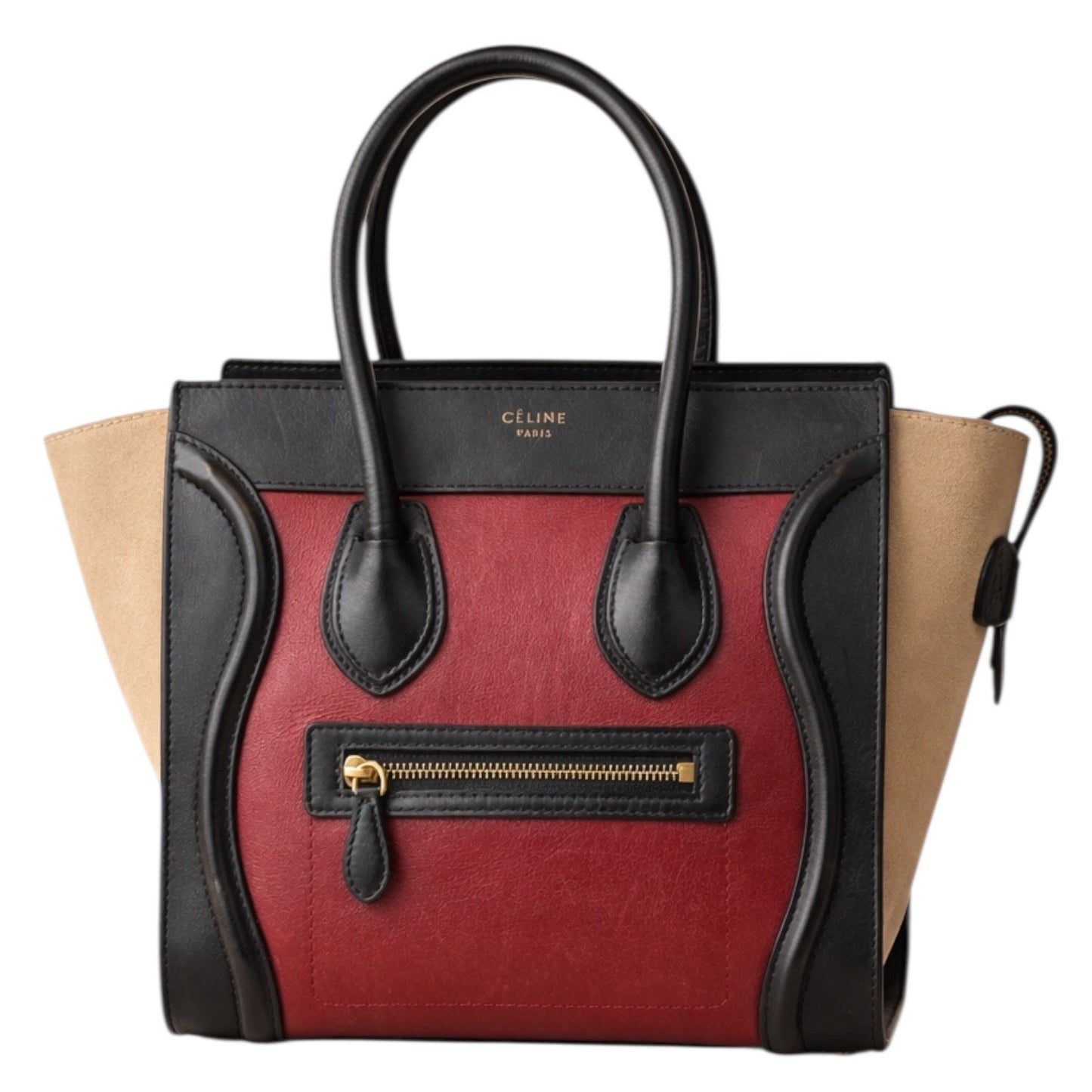 Celine Tricolor Mini Luggage Tote Bag Calf Leather Suede Rust Red Black