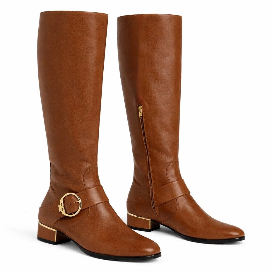 Tory Burch Sofia Tall Riding Boots Leather Logo Festive Brown Size 7
