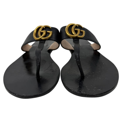 Gucci Black Leather Thong Sandal Gold Double G Logo Size 38.5