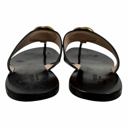 Gucci Black Leather Thong Sandal Gold Double G Logo Size 36.5
