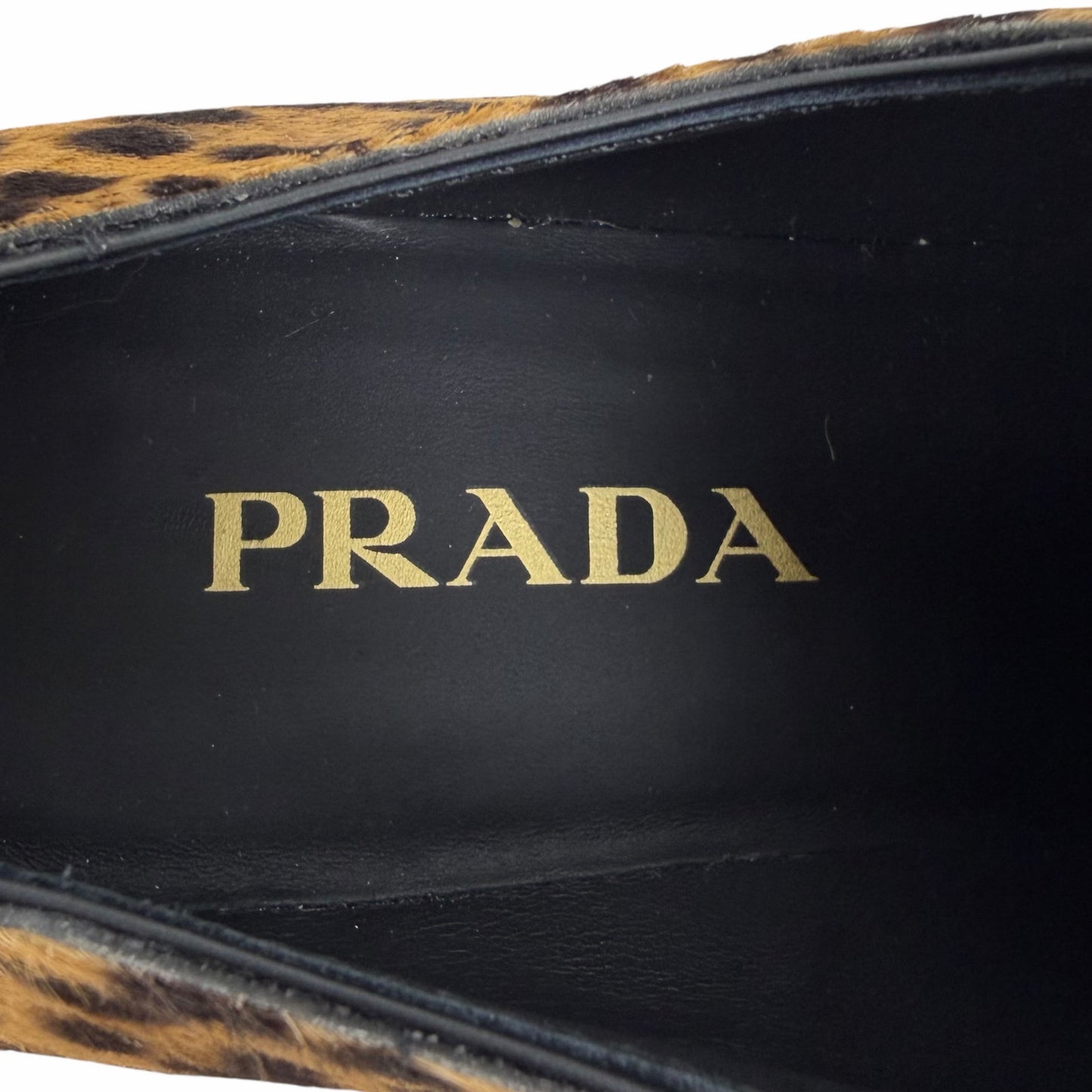Prada Enamel Triangel Logo Leopard Printed Leather Loafer Brown Size 38.5