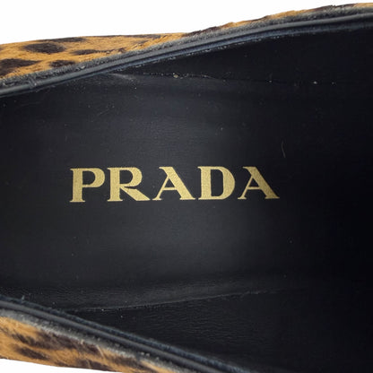 Prada Enamel Triangel Logo Leopard Printed Leather Loafer Brown Size 38.5