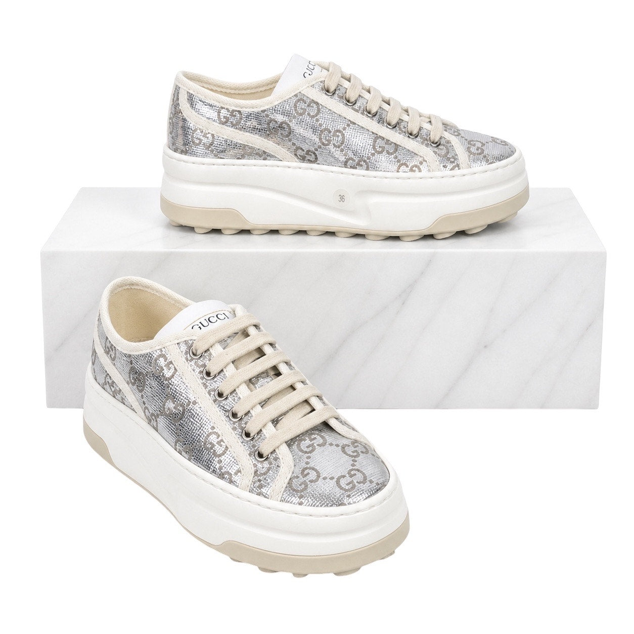 Gucci Tennis 1977 Treck GG Monogram Flatform Sneaker Silver Size 36