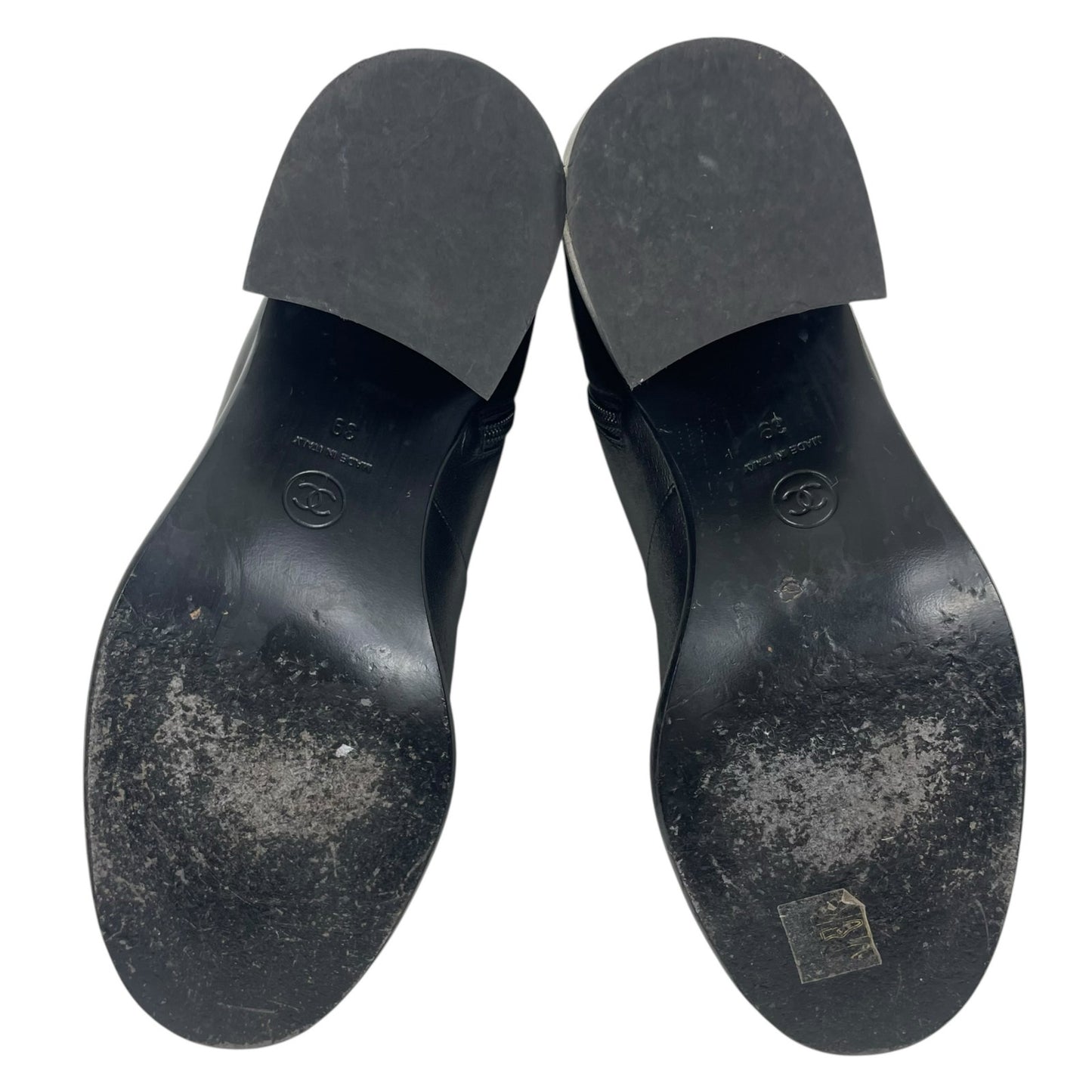 Chanel Coco Mark Logo Cap Toe Chain Short Leather Boots Black Size 39