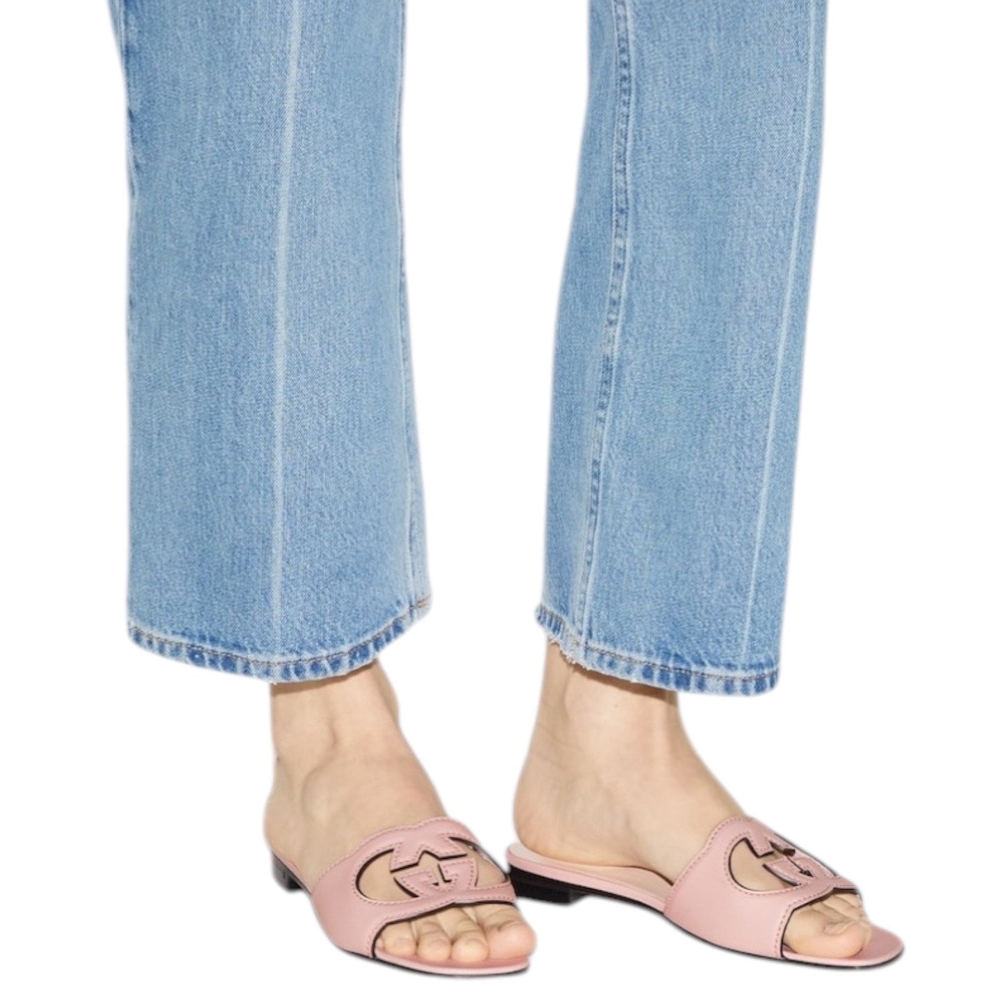 Gucci Interlocking G Cutout Leather Slide Flat Sandal Pink Size 37.5
