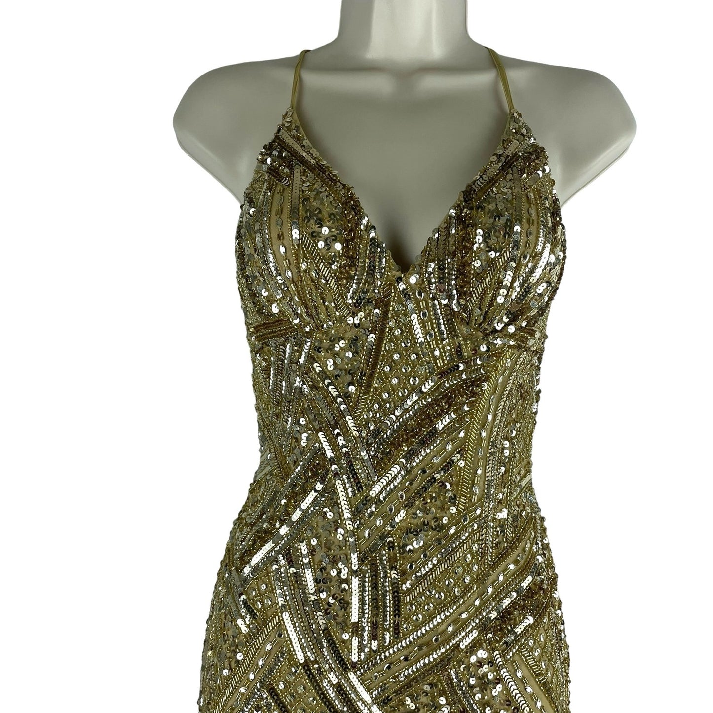 Ashley Lauren Sequin Open Back Evening Gown Formal Dress Gold Size 6