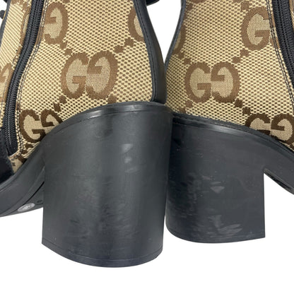 Gucci Flores Calfskin Monogram Double GG Ankle Boots Camel Ebony Size 36