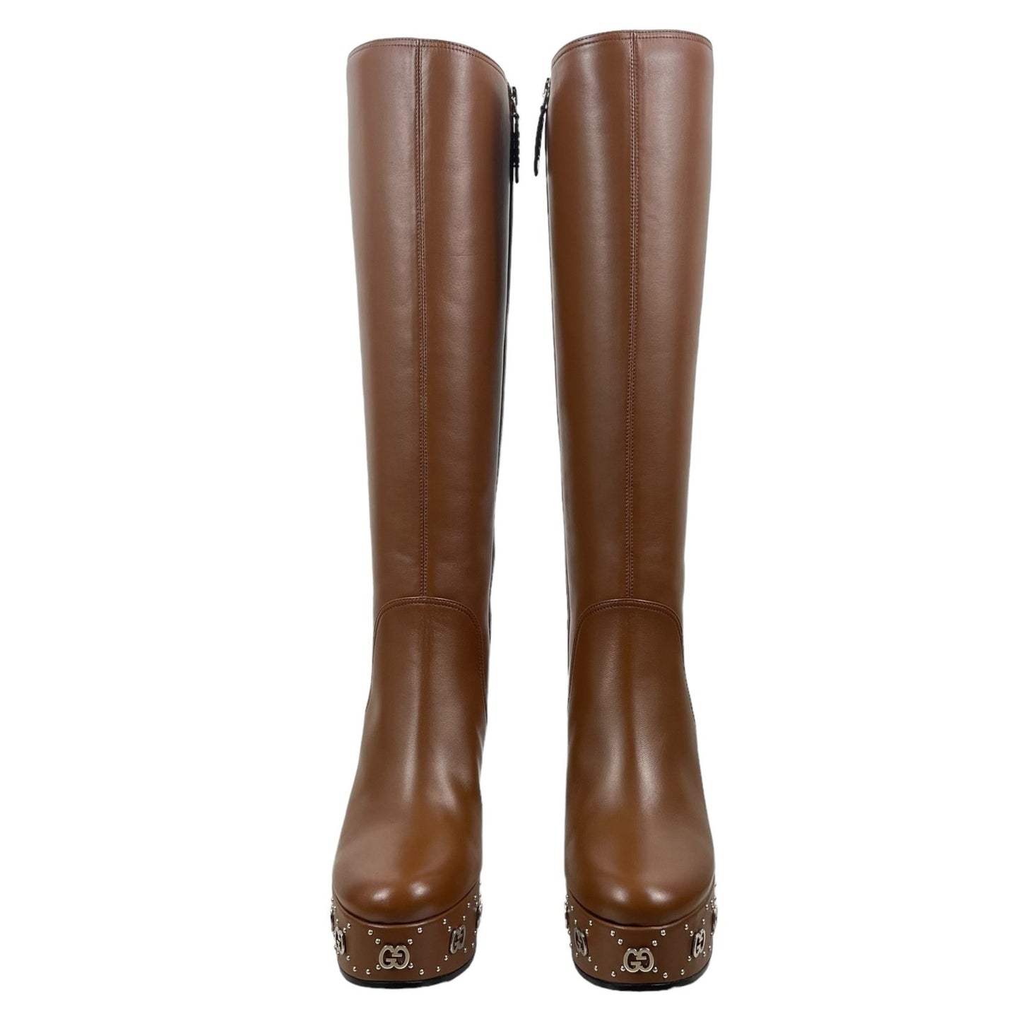 Gucci Nappa Charlotte GG Knee High Platform Boots Cuir Brown Size 38.5