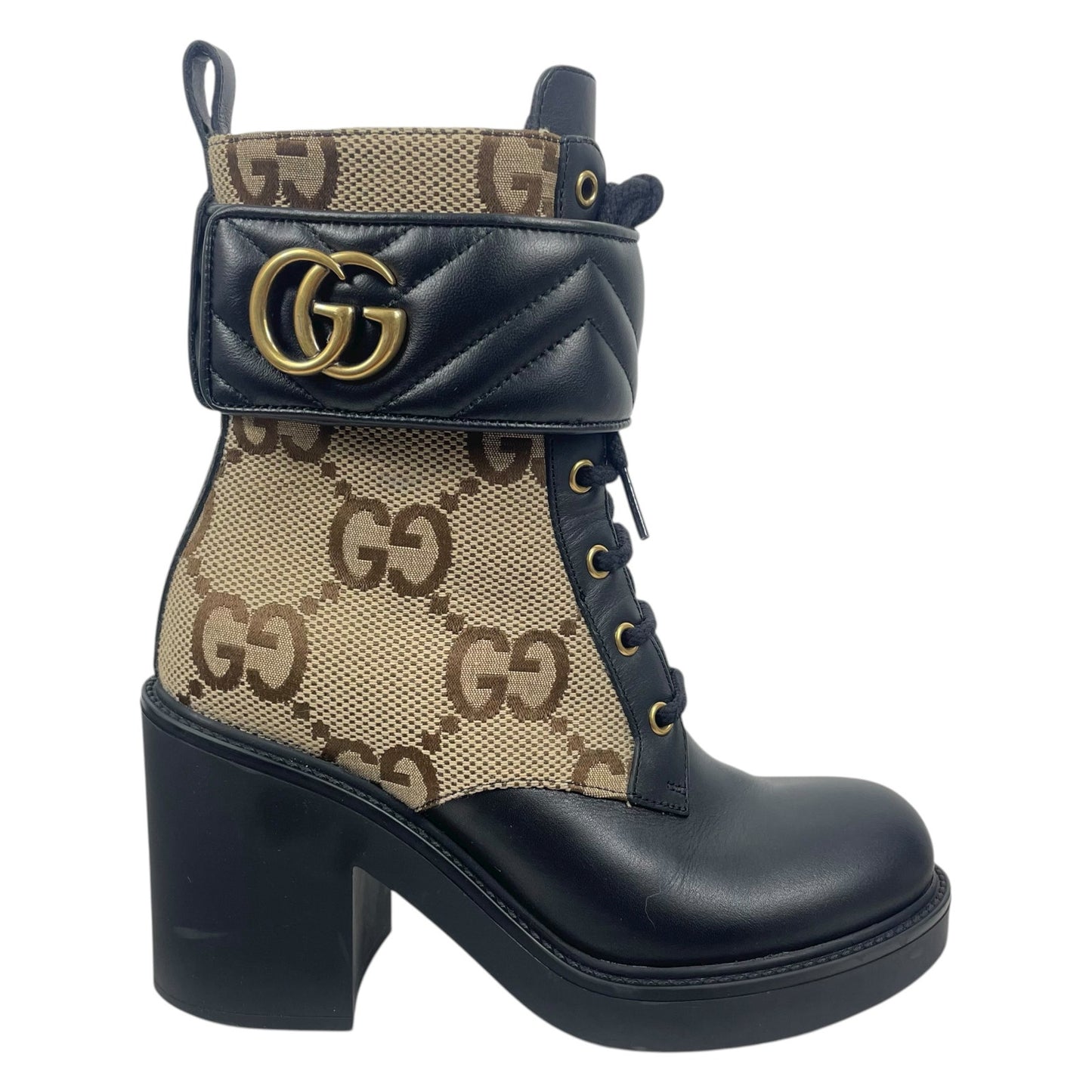 Gucci Flores Calfskin Monogram Double GG Ankle Boots Camel Ebony Size 36