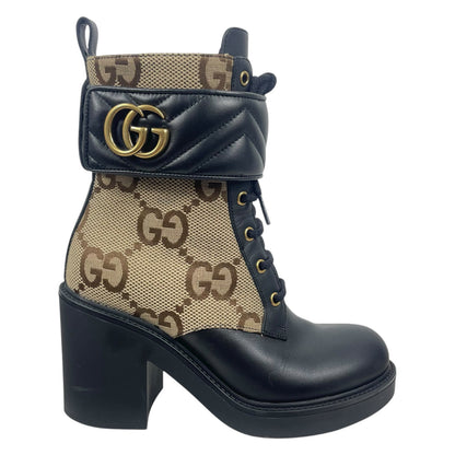 Gucci Flores Calfskin Monogram Double GG Ankle Boots Camel Ebony Size 36