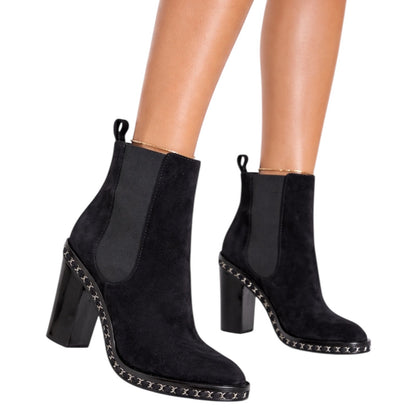 Chanel Interlocking CC Logo Heel Chain Suede Ankle Boots Black Size 40