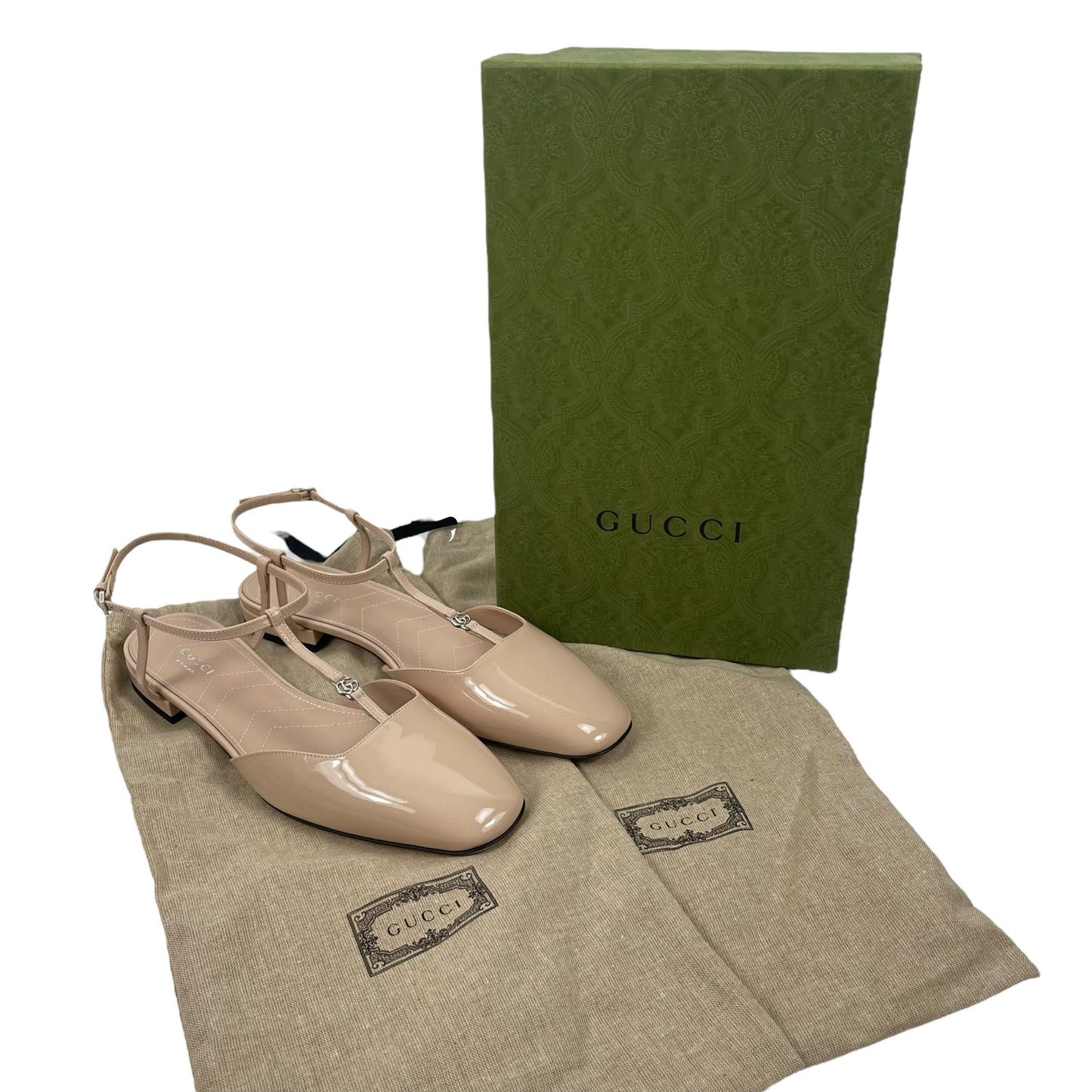 Gucci Double GG T Strap Patent Leather Ballet Flat Skin Rose Size 39.5