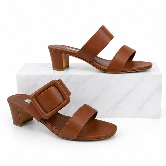 Manolo Blahnik Titubanew Leather Open Toe Mule Sandal Brown Size 37
