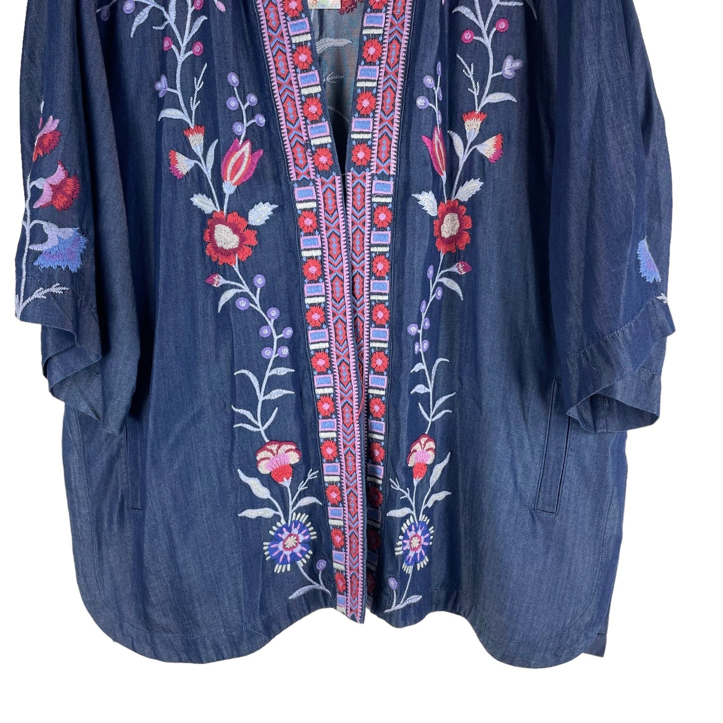 Johnny Was Piper Shirt Tail Kimono Jacket Embroidery Denim Size XL