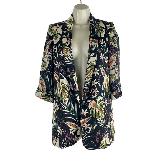 Zara Satin Floral Printed Open Front Long Blazer Jacket Green Size XS