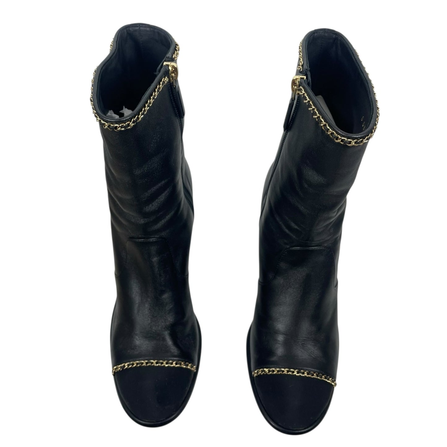 Chanel Coco Mark Logo Cap Toe Chain Short Leather Boots Black Size 39