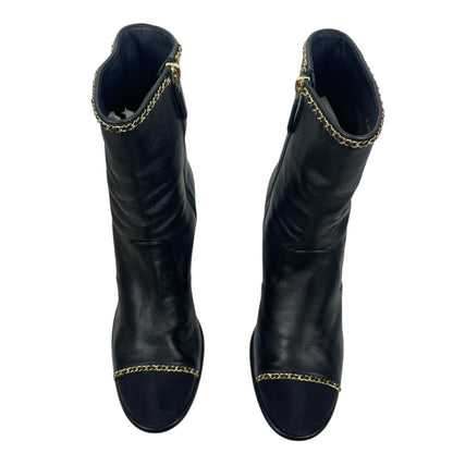 Chanel Coco Mark Logo Cap Toe Chain Short Leather Boots Black Size 39