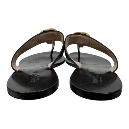 Gucci Black Leather Thong Sandal Gold Double G Logo Size 38.5