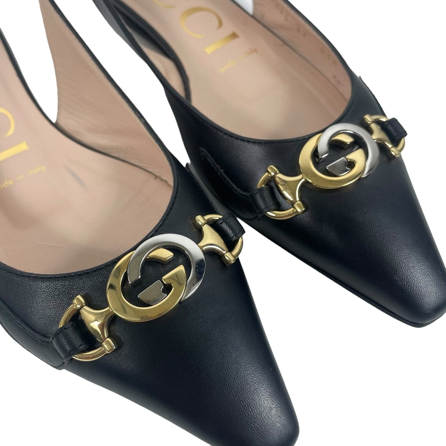 Gucci Zumi GG Interlocking Logo Pointed Toe Slingback Flats Black Size 37