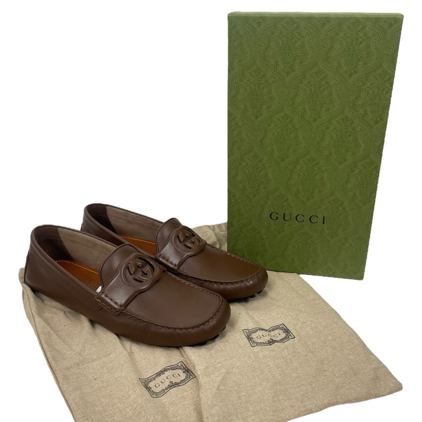 Gucci Interlocking GG Calf Leather Moccasin Driver Loafer Brown Size 13/13.5